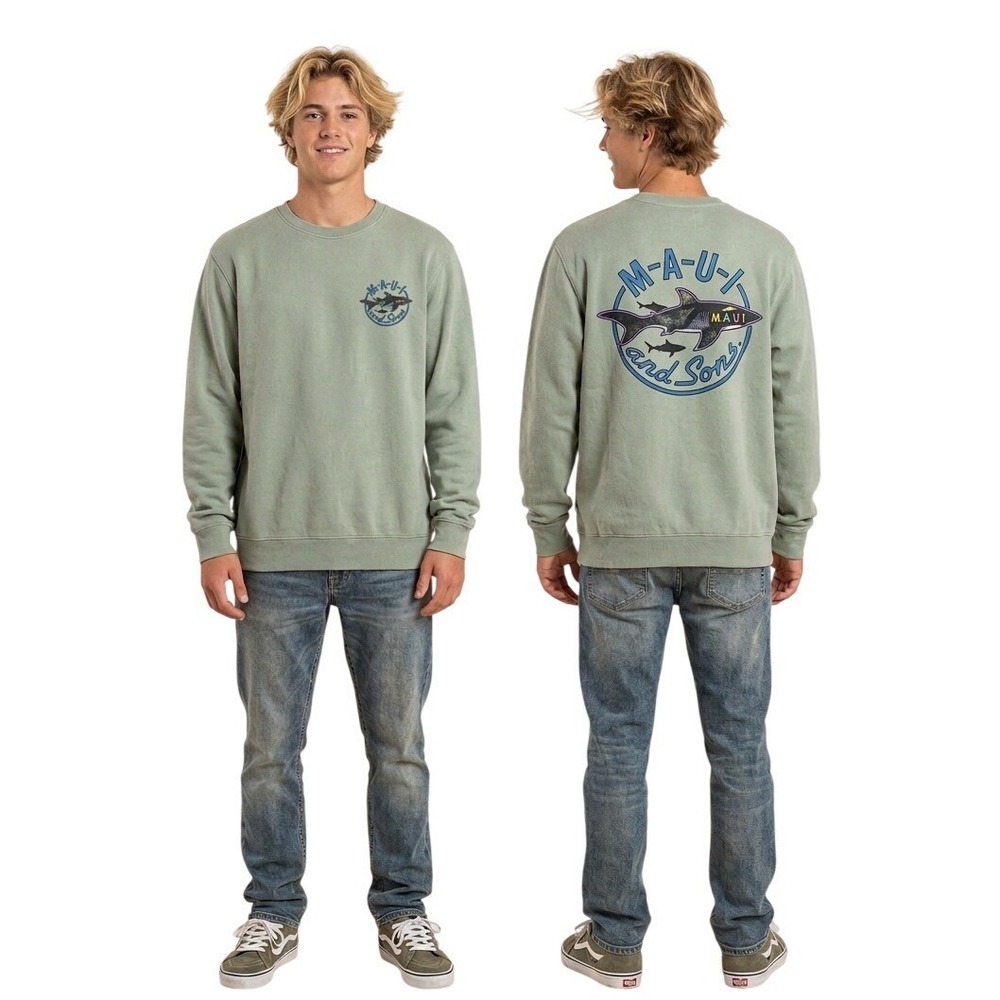 Maui and Sons Mens Sage Green Shark Graphic Crewneck‎ Sweatshirt Size M